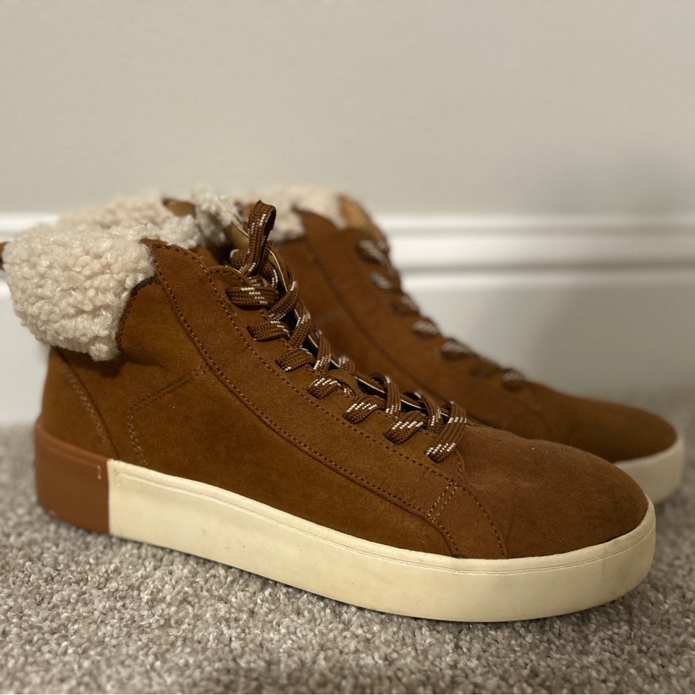 Brown High-Top Sneakers with Shearling Trim